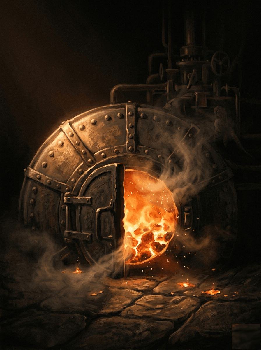Industrial Age — boiler door open onto burning coals