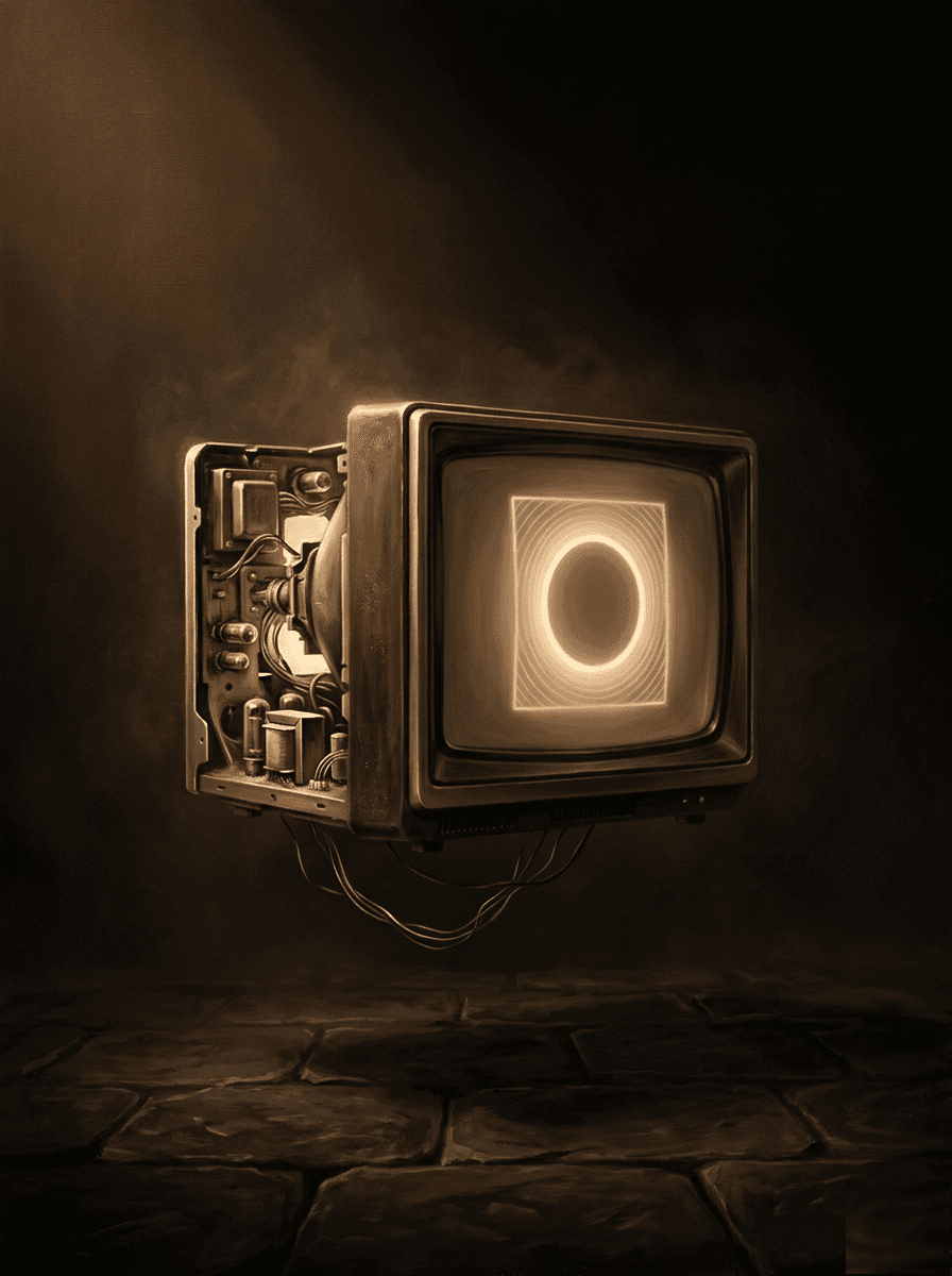 Information Age — vintage CRT glowing in the dark