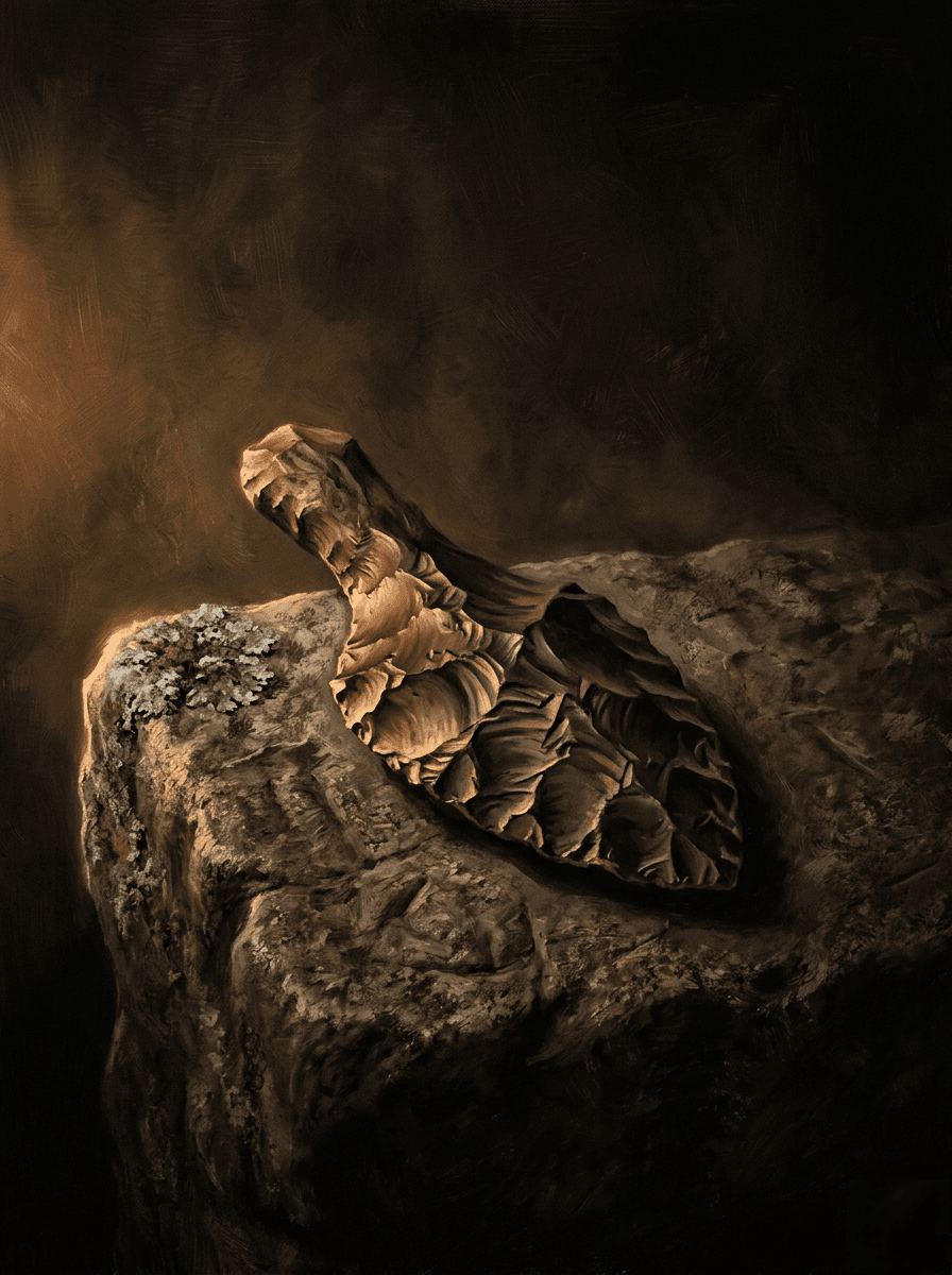 Stone Age — flint hand-axe at firelight
